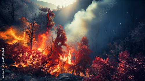 Intense flames from a massive forest fire. Flames light up the night as they rage thru pine forests and sage brush.