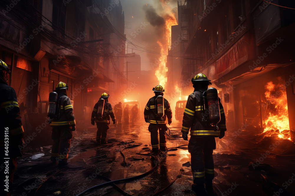 Firefighters are walking in the city near the fire. Catastrophe. generative ai.
