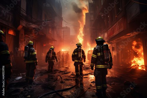 Firefighters are walking in the city near the fire. Catastrophe. generative ai.