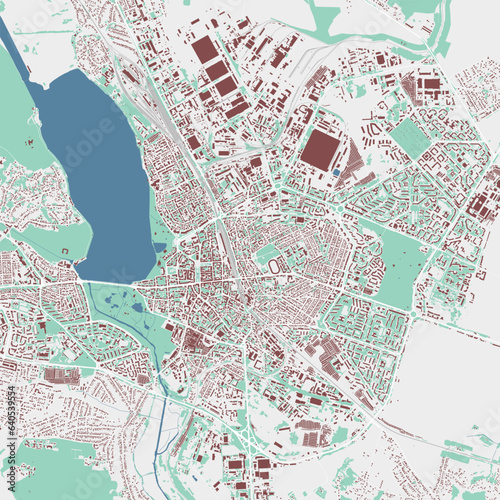 Ternopil map, oblast center city of Ukraine. Municipal administrative area map with buildings, rivers and roads, parks and railways.