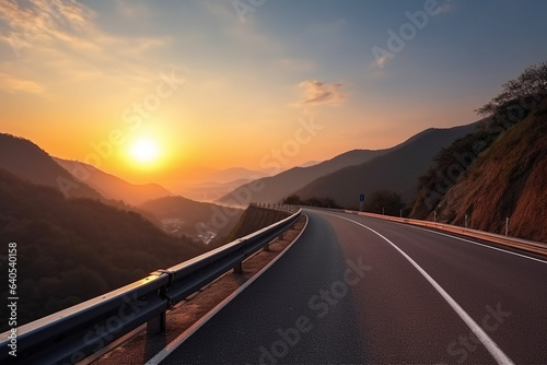 Winding mountain road leading towards a majestic peak in the sunset.