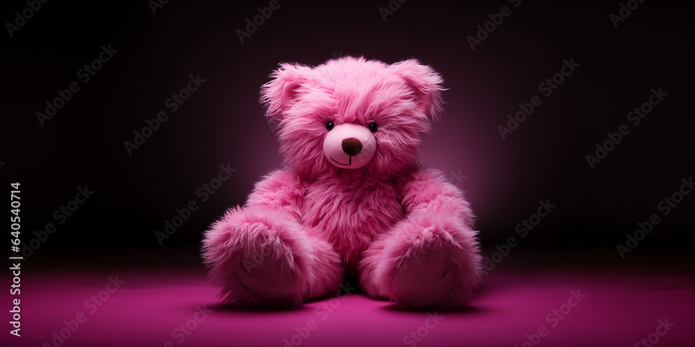 Fototapeta premium Süsser pink flauschiger Teddybär mit schönem Gesicht und farbigen Hintergrund Nahaufnahme als Druckvorlage für Banner, ai generativ