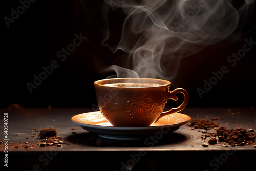 a cup of coffee in flat lay angle, hyper realistic, beautiful dreammy light, coffee beans background, created using generative AI tools