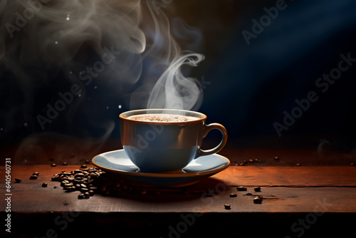 a cup of coffee in flat lay angle, hyper realistic, beautiful dreammy light, coffee beans background, created using generative AI tools