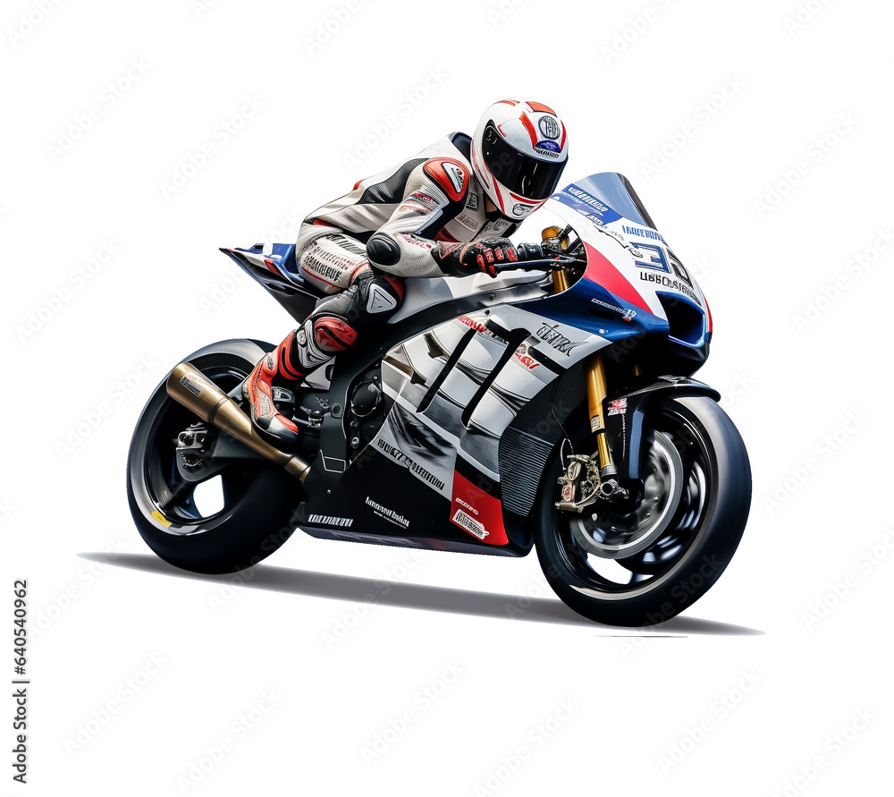 Realistic picture of MotoGP motorcycle race on transparent background, worldwide popular motor sport concept.