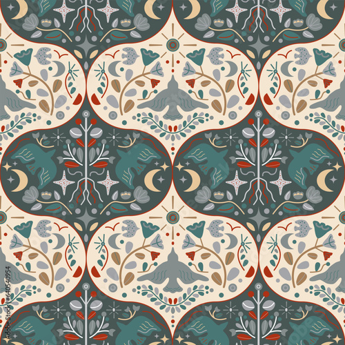 North folklore vector seamless pattern. Scandinavian repeated design with geometric flowers, celestial elements, birds. Modern damask background. Ethnic symmetric illustration for fabrics, wallpaper