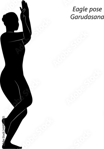 Silhouette of young woman practicing yoga, doing Eagle pose. Garudasana. Standing and Balancing. Intermediate. Isolated vector illustration.
