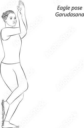 Sketch of young woman practicing yoga, doing Eagle pose. Garudasana. Standing and Balancing. Intermediate. Isolated vector illustration.