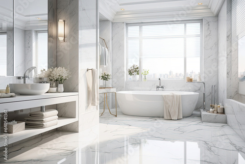 Modern style of marble bathroom interior decorate with bathtub  mirror and sink  minimal decor concept.