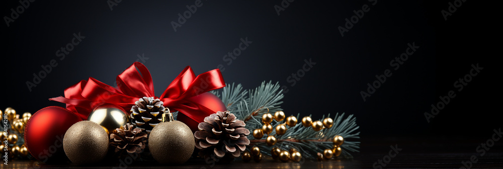 Fototapeta premium Tannenzweige und goldene Weihnachtskugeln als Dekoration zu Weihnachten Nahaufnahme als Banner im Querformat, ai generativ