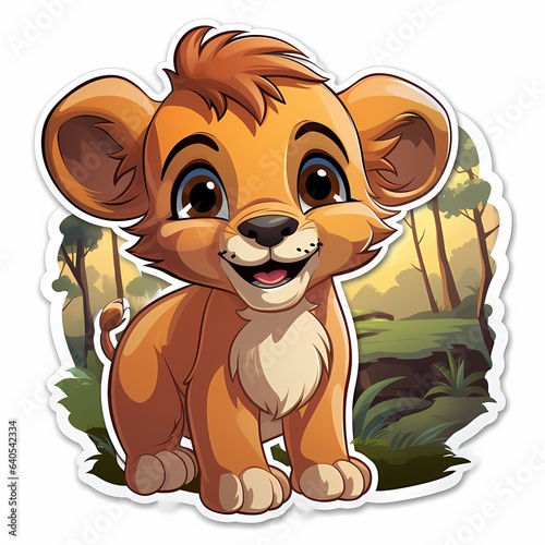 Happy and beautiful vector, Lion sticker with green wildlife