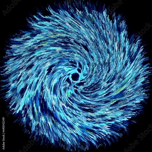 spiraling towards a central vanishing point and black-hole a pattern and design in shades of blue © john