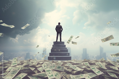 successful businessman on the top of stairs with money falling from the sky