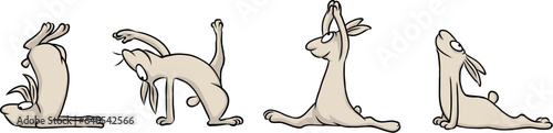 Witziger Cartoon von einem niedlichen Hasen, der sich in verschiedenen Posen beim Yoga streckt und verbiegt für mehr Balance