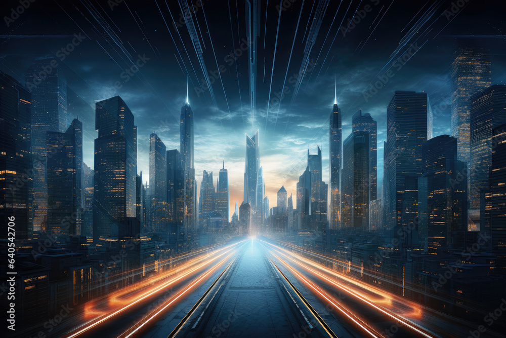 Futuristic city technology with speed light trails path through smart modern mega city, neon technology background, motion line speed light.