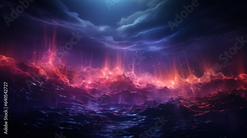 3d render of abstract landscape with flowing water and glowing lights.