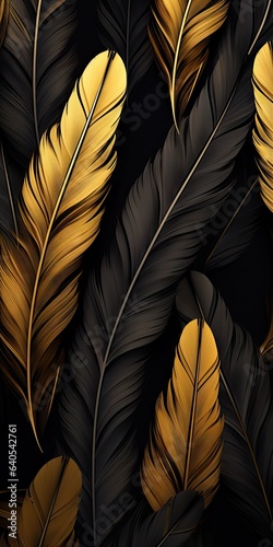 Luxurious Plumes Wallpaper - High Resolution Display of Black and Gold Feathers - Creating a Mesmerizing 3D Style Backdrop - Black and Gold Feathers Background created with Generative AI Technology