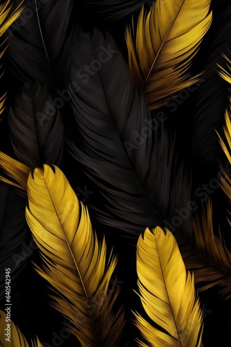 Luxurious Plumes Wallpaper - High Resolution Display of Black and Gold Feathers - Creating a Mesmerizing 3D Style Backdrop - Black and Gold Feathers Background created with Generative AI Technology