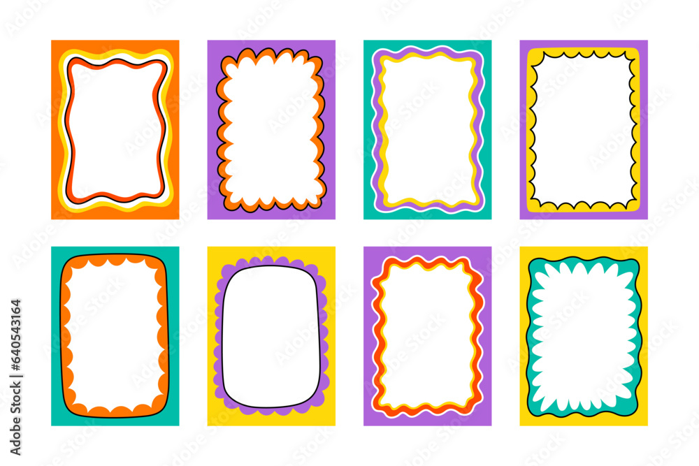 Wave scalloped edge frame. Doodle border with wavy pattern. Trendy graphic template. Cute curved frame box. Geometric abstract background. Hand drawn vector illustration isolated on white background.