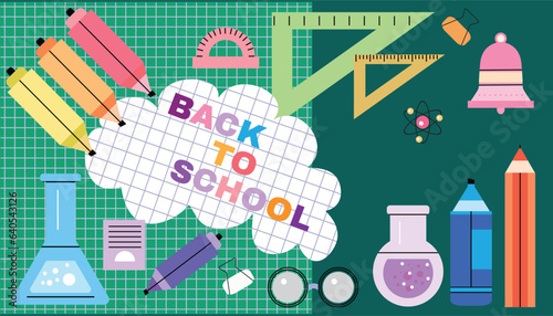 Back to school template design banner School stuff, supplies bundle. Stationery, items, accessories, folder, pencil, pen Flat vector illustration	
 photo