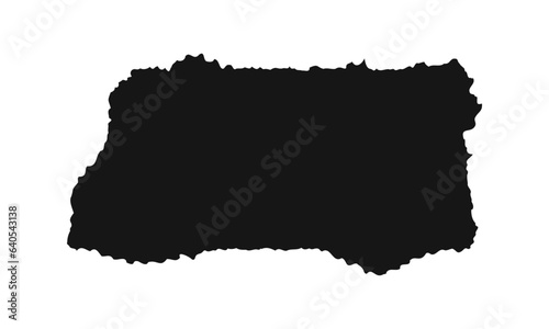 Paper sheet piece with rough edges. Torn cardboard tag, label, sticker. Blank black text box template isolated on white background. Vector graphic illustration.