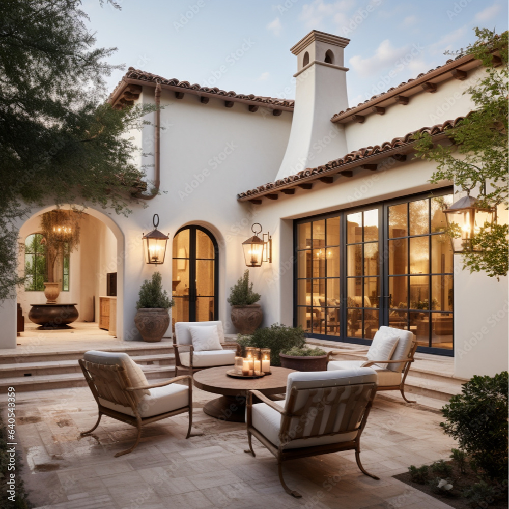 modern french style home courtyard, light color, warm tones, white walls