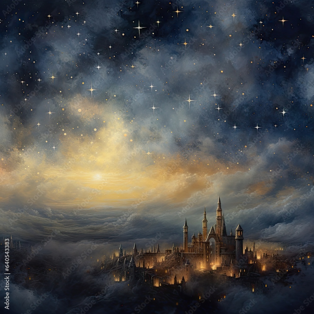 Celestial Ballet Wallpaper - High Resolution Depiction of a Medieval Night Sky - Dancing with Twinkling Stars of Gold - Beautiful Medieval Night Sky Background created with Generative AI Technology