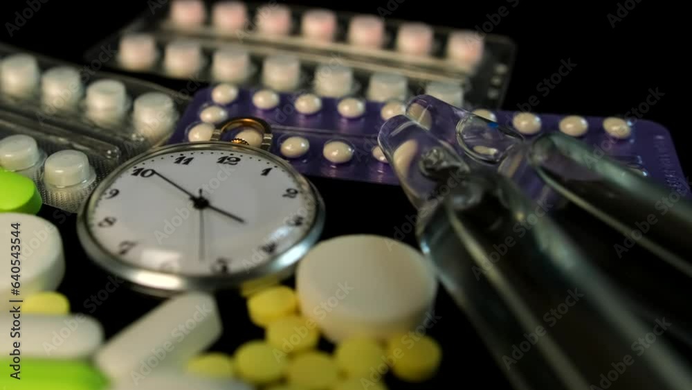 Medical pills and drugs rotating on black surface close up alarm flashing light. Medicine, tablets blister, ampoules and pocket watch. Pharmaceutical industry. Medical pills and drugs rotating on black surface close up alarm flashing light. Medicine, tablets blister, ampoules and pocket watch. Pharmaceutical industry.