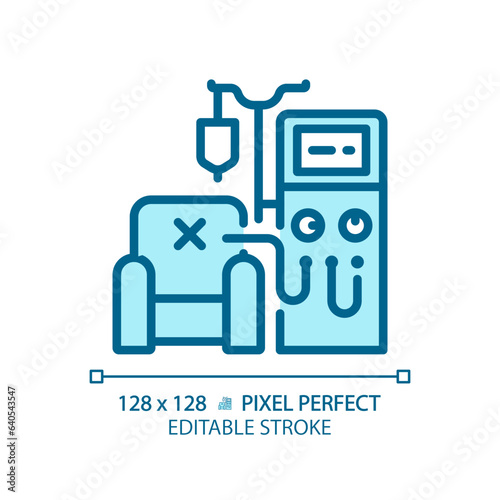 Dialysis machine pixel perfect light blue icon. Kidney disease. Renal system. Medical procedure. RGB color sign. Simple design. Web symbol. Contour line. Flat illustration. Isolated object
