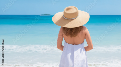 A woman in a hat stands on the background of a beach looking at back by Generative AI