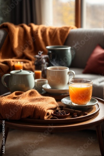 Cozy autumn composition with cup of hot drink on wooden tray. Cozy home interior