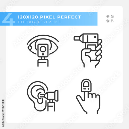 Medical devices pixel perfect linear icons set. Healthcare technology. Doctor visit. Diagnostic center. Customizable thin line symbols. Isolated vector outline illustrations. Editable stroke