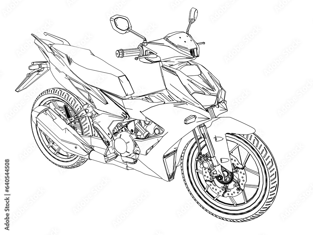 modern underbone motorcycle line art illustration on transparent background. 2d technical drawing style. Side view
