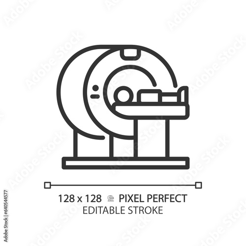 Mri machine pixel perfect linear icon. Computed tomography. Medical scanner. Healthcare technology. Modern equipment. Thin line illustration. Contour symbol. Vector outline drawing. Editable stroke