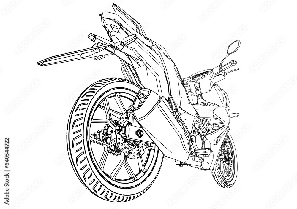 modern underbone motorcycle line art illustration on transparent background. 2d technical drawing style. Low angle.