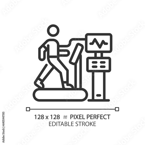 Stress test pixel perfect linear icon. Cardiac health. Cardiovascular exercise. Physical exam. Medical assessment. Thin line illustration. Contour symbol. Vector outline drawing. Editable stroke