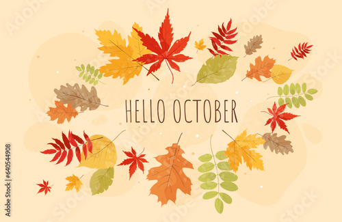 Hello october with ornate frame of fall leaves. Autumn Background