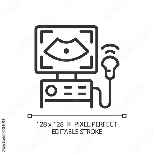 Ultrasound machine pixel perfect linear icon. Pregnancy care. Medical imaging. Hospital equipment. Check up. Thin line illustration. Contour symbol. Vector outline drawing. Editable stroke
