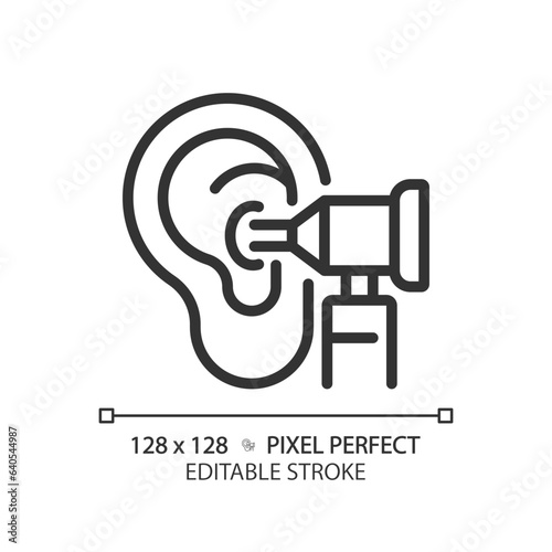 Otoscope pixel perfect linear icon. Medical instrument. Ear health. Physical examination. Nurse consultation. Thin line illustration. Contour symbol. Vector outline drawing. Editable stroke