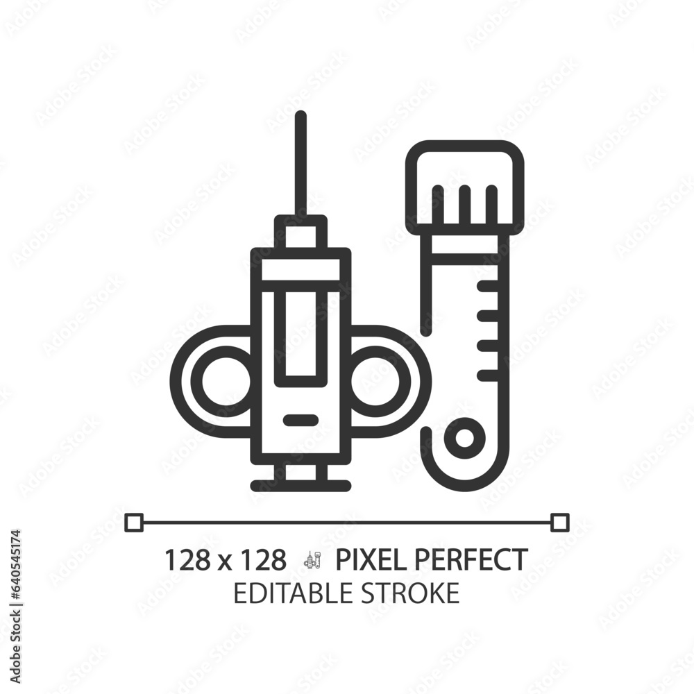 Biopsy needle pixel perfect linear icon. Medical procedure. Tissue sample. Minimally invasive. Cancer diagnosis. Thin line illustration. Contour symbol. Vector outline drawing. Editable stroke Biopsy needle pixel perfect linear icon. Medical procedure. Tissue sample. Minimally invasive. Cancer diagnosis. Thin line illustration. Contour symbol. Vector outline drawing. Editable stroke