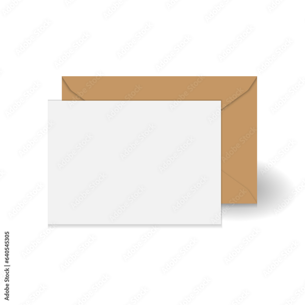 White standing greeting card and brown kraft paper envelope mockup template. Isolated on white background with shadow. Ready to use for your design or business. Vector illustration.