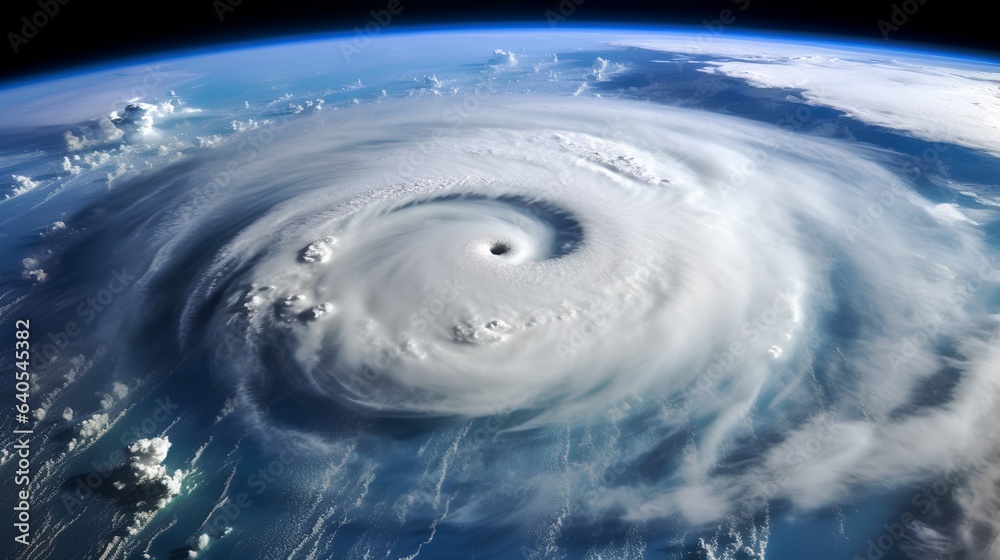 A satellite view of a massive hurricane, showcasing the swirling cloud patterns and the eye of the storm, as it moves across the ocean. Generative AI
