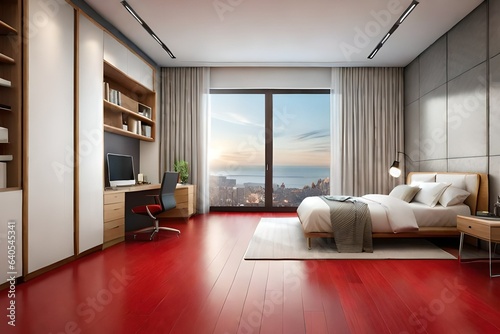 modern bedroom with red floor generated by AI tool © Nazia