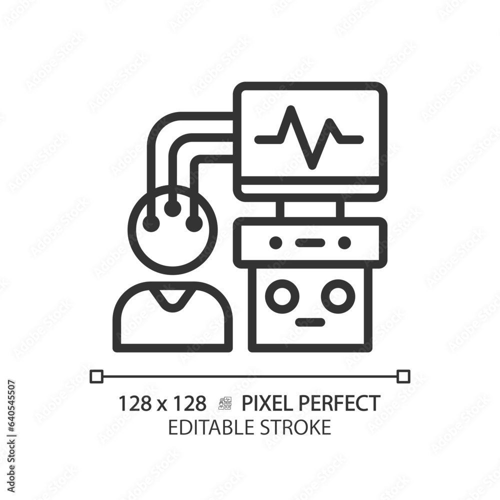 Fototapeta premium Eeg machine pixel perfect linear icon. Brain activity. Sleep disorder. Nervous system. Clinical research. Thin line illustration. Contour symbol. Vector outline drawing. Editable stroke