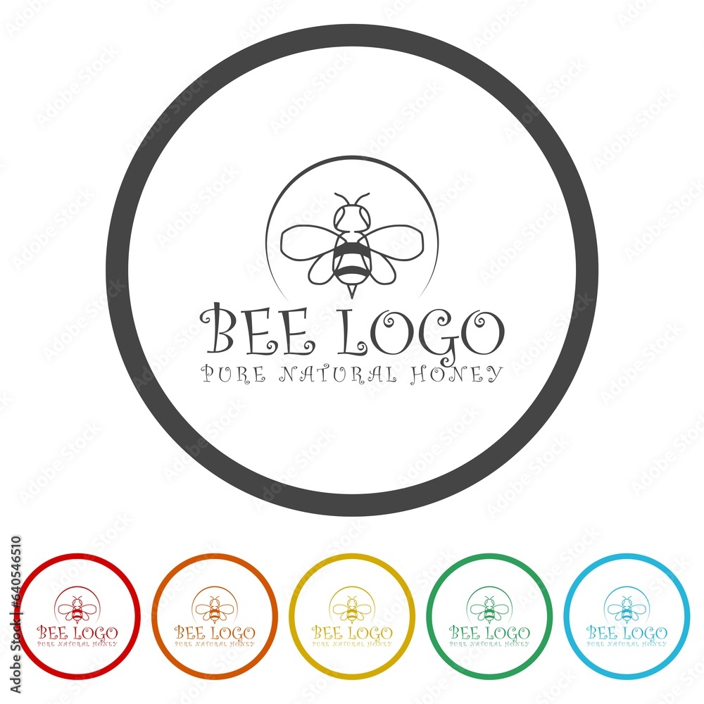 Hand sketched bee natural honey logo. Set icons in color circle buttons Hand sketched bee natural honey logo. Set icons in color circle buttons