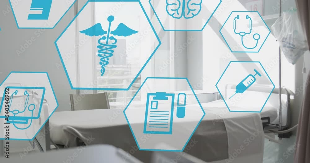 Animation of hexagons with medical icons over hospital room