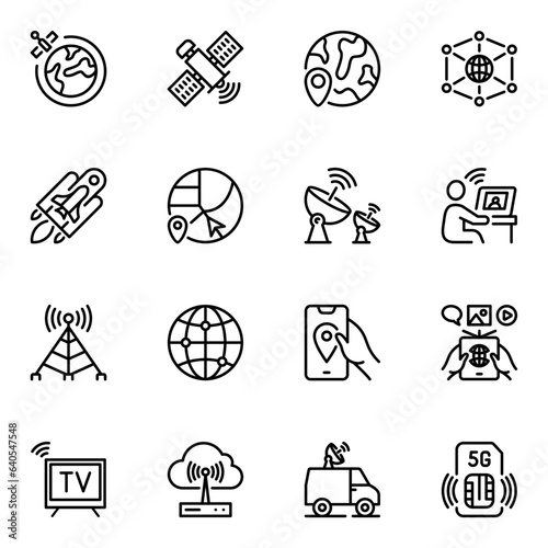 satellite related vector line icons set. orbit, telecommunication, networking, broadcast, globe, stroke, wireless, atmosphere, connect, system, global, map, navigation, network