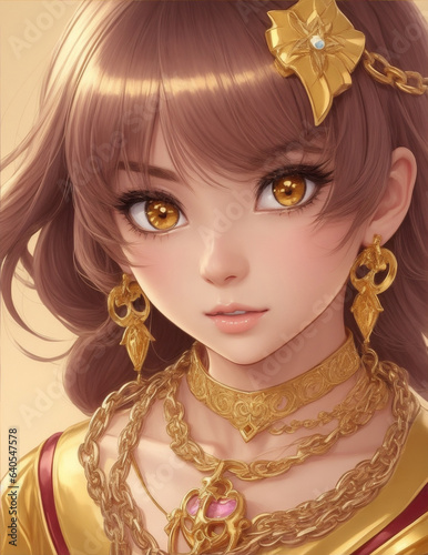 A cartoon girl with a gold necklace and gold jewelry by Generative AI