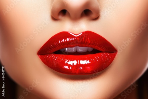 These beautiful red lips are shining with perfect makeup and lip gloss.Generative AI