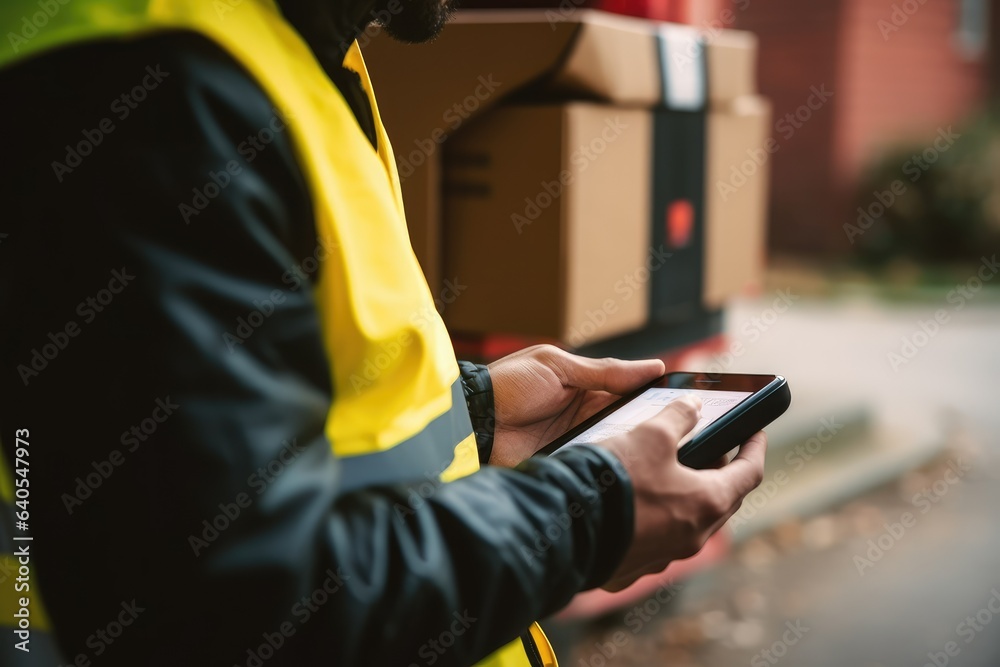 close-up view of a courier holding a smartphone while delivering a package. It symbolizes fast and convenient delivery services.

 Generative AI